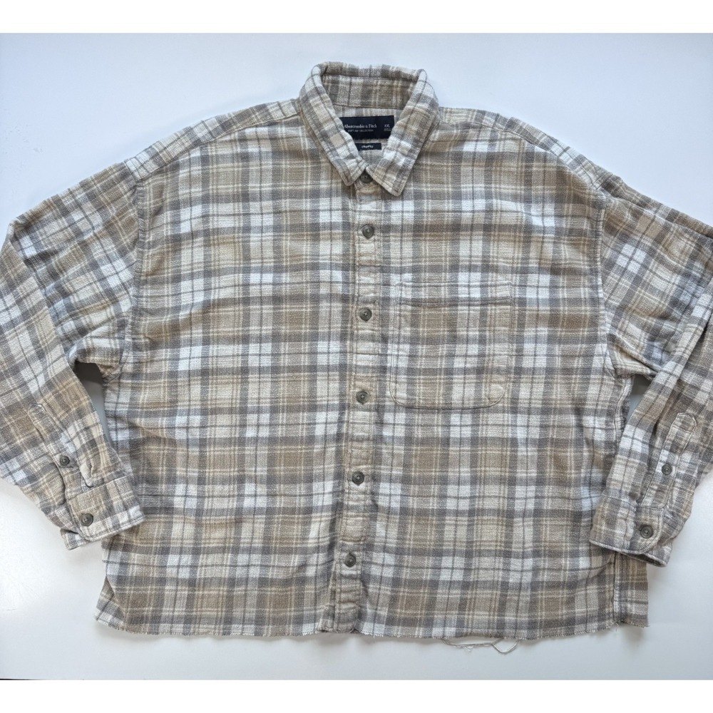 ABERCROMBIE & FITCH Soft A&F Cropped Raw Edge Flannel Shirt Womens 2XL Beige